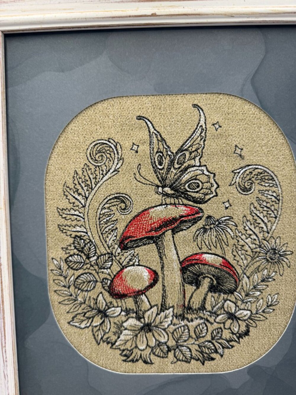 Homemade Butterfly On Mushroom Framed 8X10 Embroidery Art - Picture 2 of 5